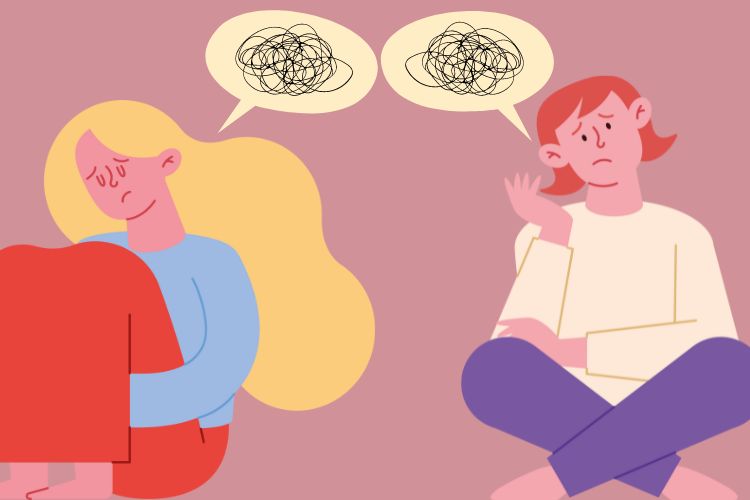 Illustration of two people shitting on the floor with confused thought bubbles.