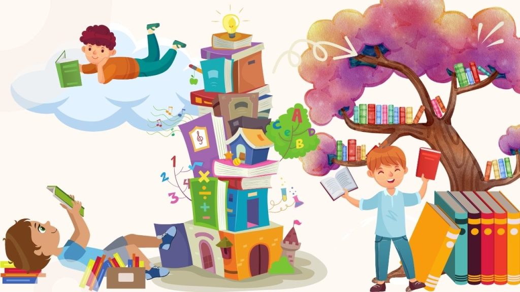 Image showing three young people reading a book. One is lying on a cloud holding a book. Another is lying on their back holding their book above them to read. And the third is holding up two books, standing under a tree-bookshelf.