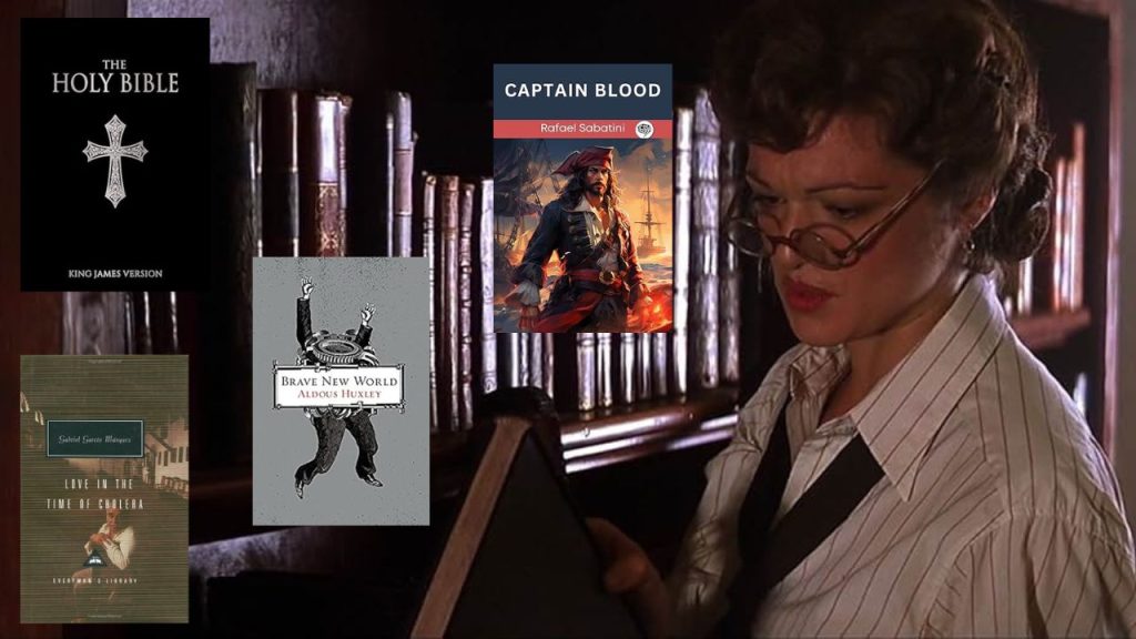 Background is a still from The Mummy (1999), when the librarian is returning books to the shelf. Over this image are four book covers, as featured in the questions earlier in the article.