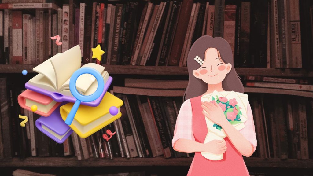 Image of a bookshelf full of books. Art of a blushing girl holding a bouquet, look pleased and happy. Also there is art of a pile of books with a magnifier glass hovering over them.