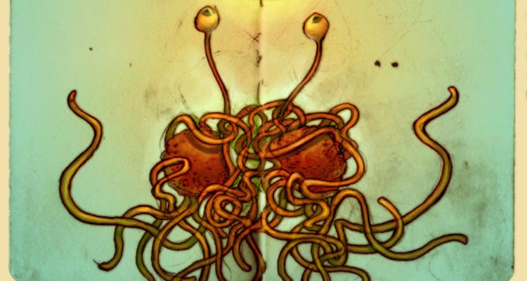 Artwork depicting a flying pile of spaghetti and meatballs with eyes and tentacles reaching upward.