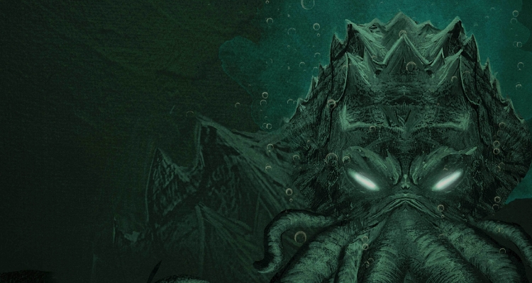 Artwork of a giant green creature with glowing, slitted eyes, a spiky head, and tentacles.