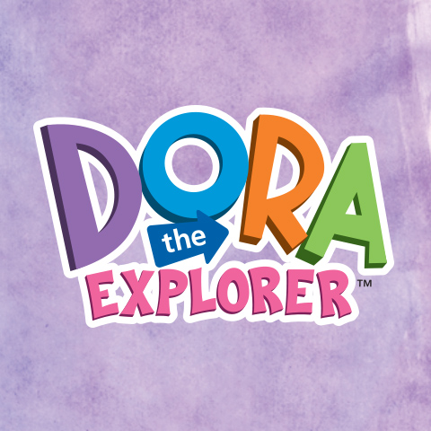 TV show poster featuring the colorful logo of "Dora the Explorer." The word "Dora" is in bold, playful letters, each in a different color, from left to right, purple, blue, orange, and green. The background is a soft purple gradient.