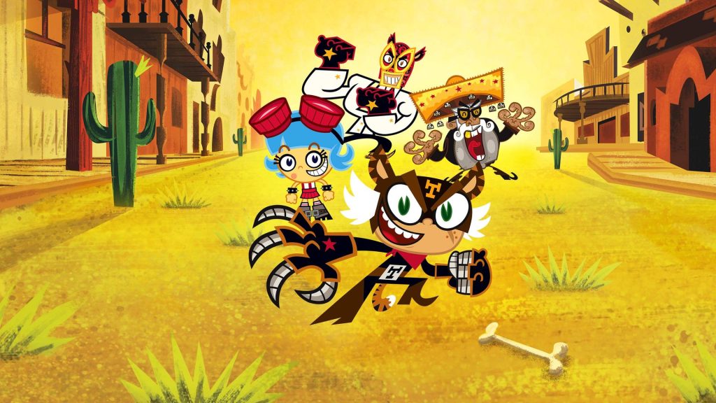 TV show image of cartoon characters running down a yellow, desert-like street with cacti and old western buildings. In front is a cat in a superhero costume, followed by a girl with blue hair, a masked wrestler, and an older man in a sombrero. The scene has a fun, action-packed Western feel.