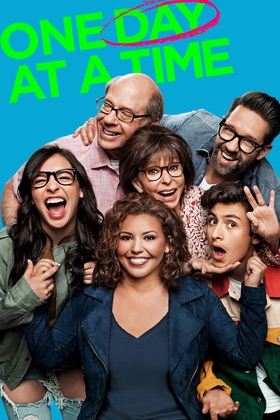 "One Day at a Time" TV show poster featuring a group photo of a smiling family of diverse ages, with a light blue backdrop.