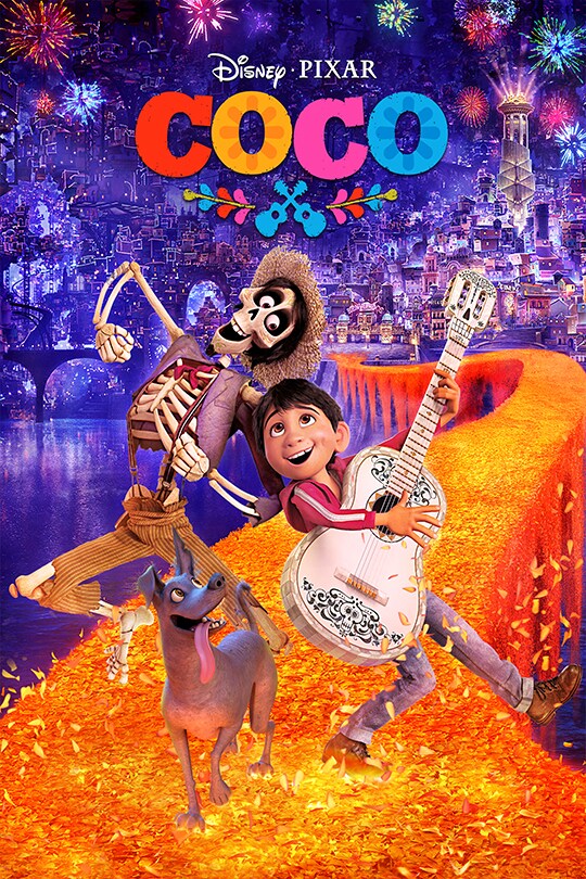 Disney Pixar's movie poster for "Coco" feature Miguel and Hector playing the white guitar with a dog in between them. The backdrop includes firewords, purple sky, and an orange pathway.