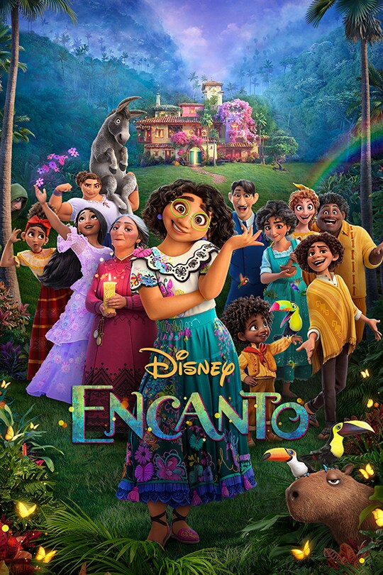 "Encanto" movie poster featuring animated characters from the Disney film, centered around Mirabel and her family, with a colorful Colombian-inspired magical background.