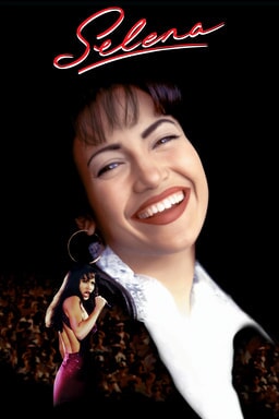 "Selena" movie poster showing a smiling woman (Selena Quintanilla) in a black outfit.