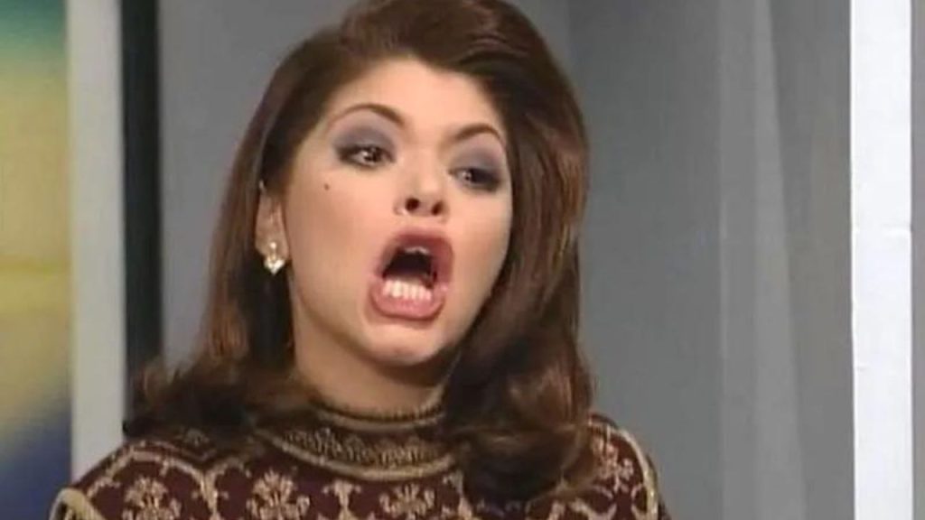 Maria la del Barrio (1995) TV scene of antagonist Soraya screaming a storm as she discovers her son and his girlfriend smooching.