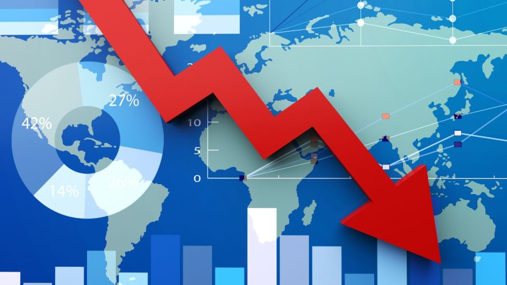 Canva image of the economy of the world, statistics, and charts in blue as a red declining arrow appears boldly in front of the world map.