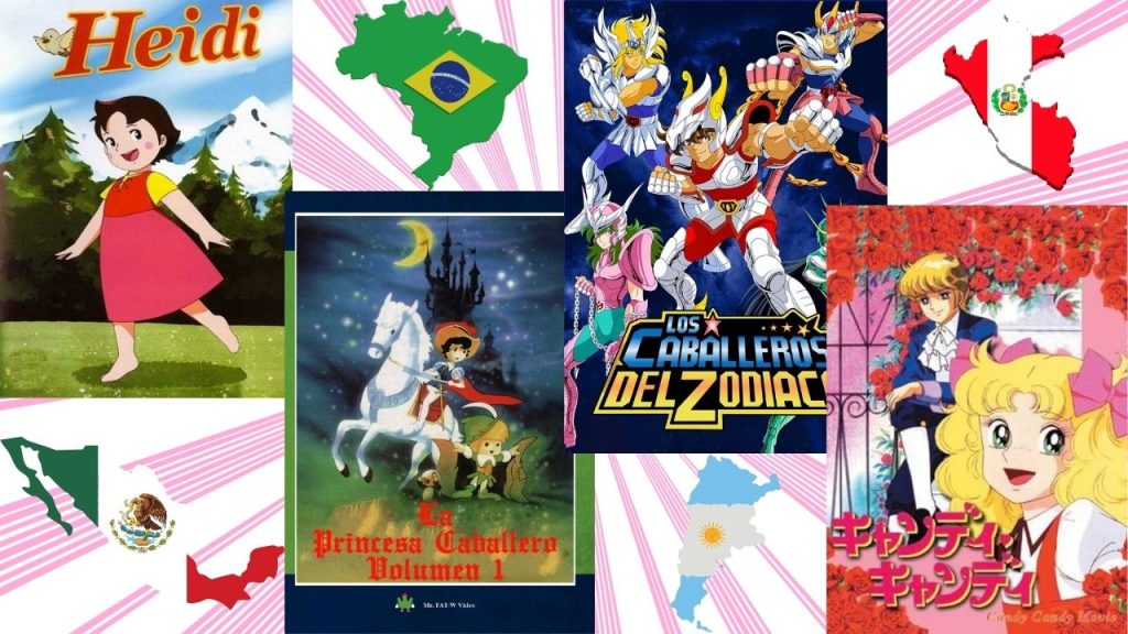 Saint Seiya, Heidi, Candy Candy, and The Princess Knight promotional posters in front of a pink and white background. Outlines of Mexico, Brazil, Argentina, and Peru, with their respective flags, are plastered across the image.