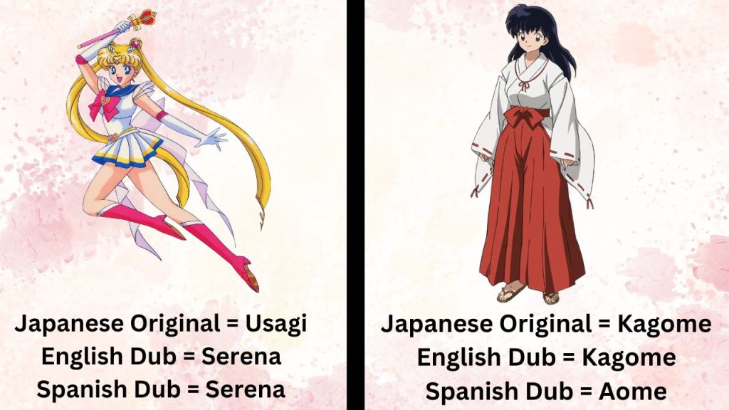 Comparison image of name changes in anime. Sailor Moon on the left has listed out the Japanese, English, and Spanish versions of Usagi's name. Kagome from Inuyasha also has her name changes listed from the original to English and Spanish.
