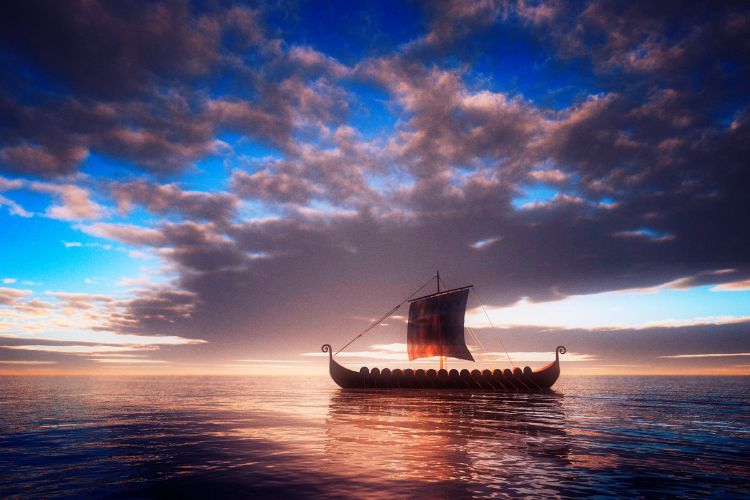 A viking longship sails on the ocean with cloudy skys.