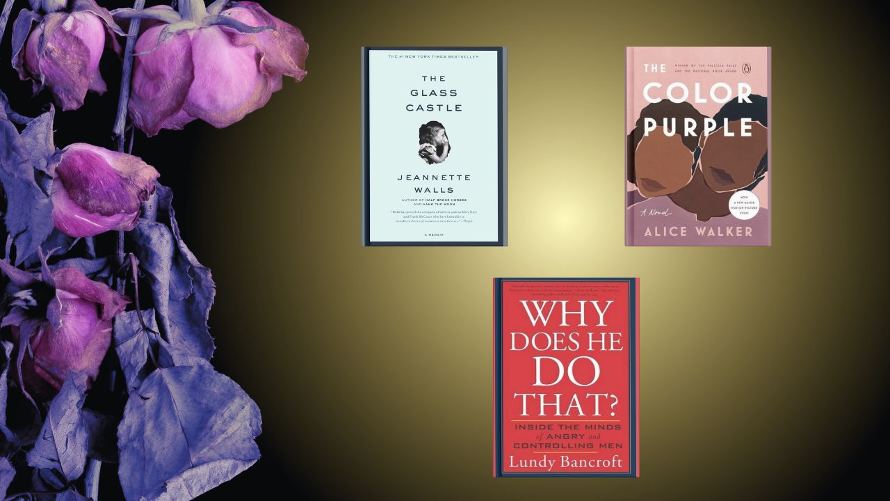 The book covers for "The Glass Castle," "The Color Purple," and "Why Does He Do That?" against an ombre brown background with purple flowers on the left side.