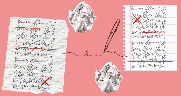 Image with crumpled up papers, pen with a scribble, papers with cross outs and x's.