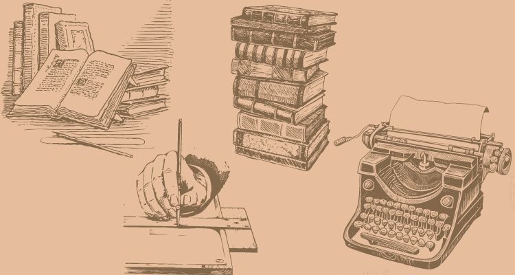 Illustration with typewriter, hand writing in a book, stack of books, and an open book.