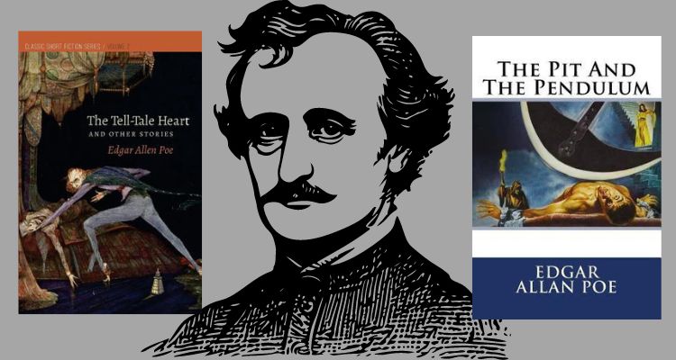 Image with Edgar Allen Poe outline. The Pit and the Pendulum and The Tell-Tale Heart by Edgar Allen Poe book covers.