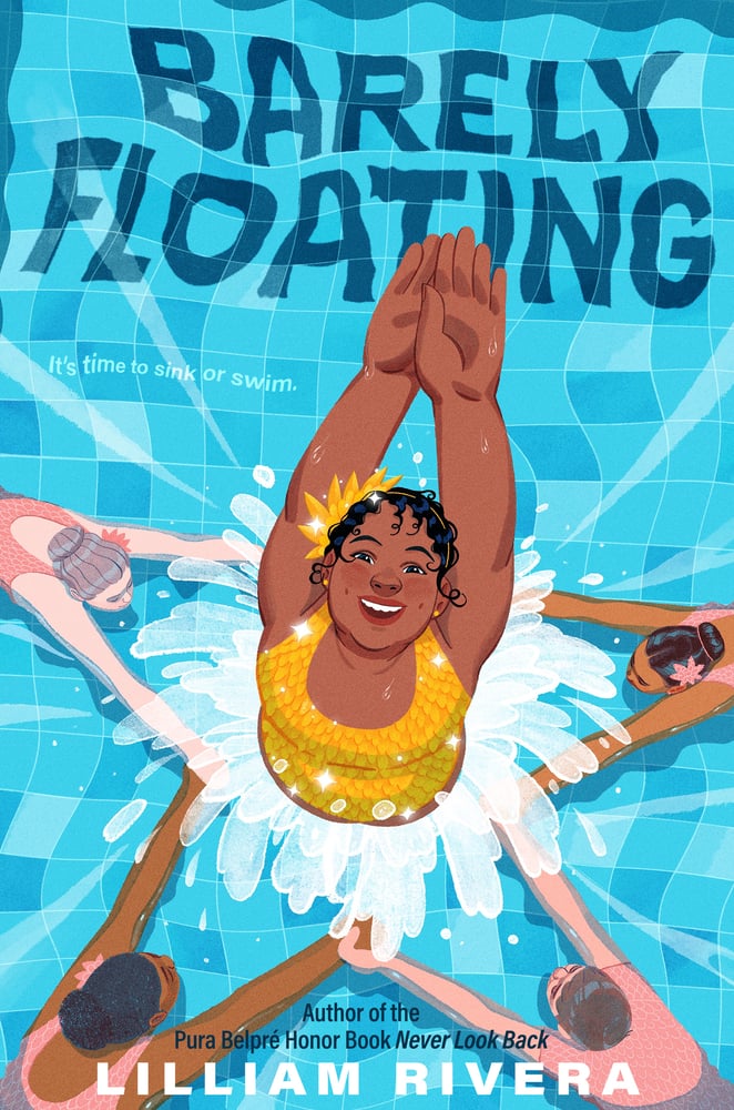 A joyful, plus-sized Latina girl in a gold swimsuit performing a synchronized swimming move. The background shows a pool with clear blue water and teammates forming a circle around her. The title appears in bold blue letters at the top, and the tagline reads, "It’s time to sink or swim." The cover highlights themes of body positivity and confidence.