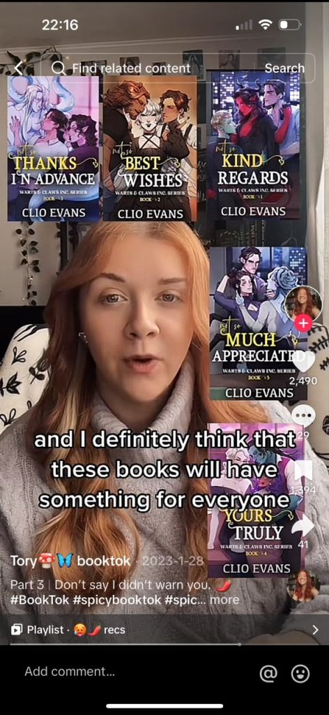a tiktok video of @torysbooks showing all the covers of the Warts and Claws Inc book series, each of which features 2 cartoon demonic figures and a cartoon human in a sexually compromising position.