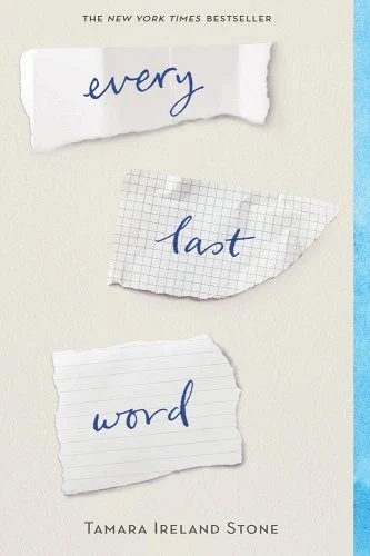 'Every Last Word' by Tamara Ireland Stone book cover with each word written in on different scraps of paper.