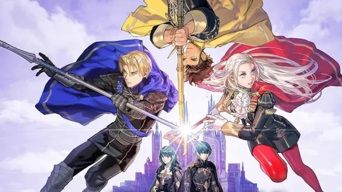 Dimitri, Claude, and Edelgard form a triangle with both versions of Byleth and a distant shot of Garreg Mach Monstery in the middle.