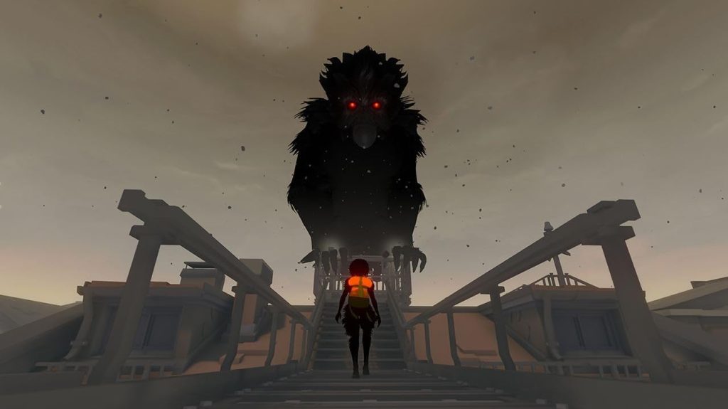 Kay standing in what looks like ruins facing a giant beast with glowing red eyes.