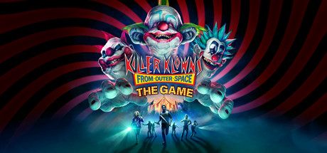 Three clowns with distinct red, blue and green hair threatnly loom over seven humans runinng from a circus tent with red and black lines spiraling in the background with Killer Klowns from outer-space the game displayed in the middle of the image.