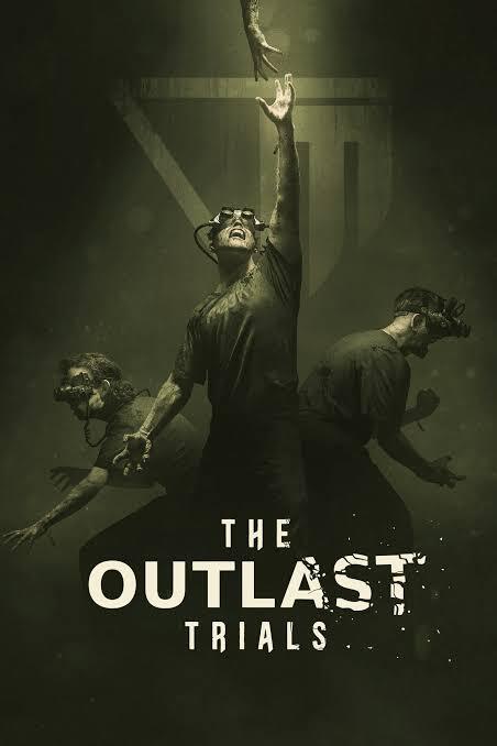 Three characters from The Outlast Trials stand before a dark green background and the Murkoff Corporation logo. The center character reaches for a hand illuminated by light while the others seem to search for something night vision goggles screwed to their heads.