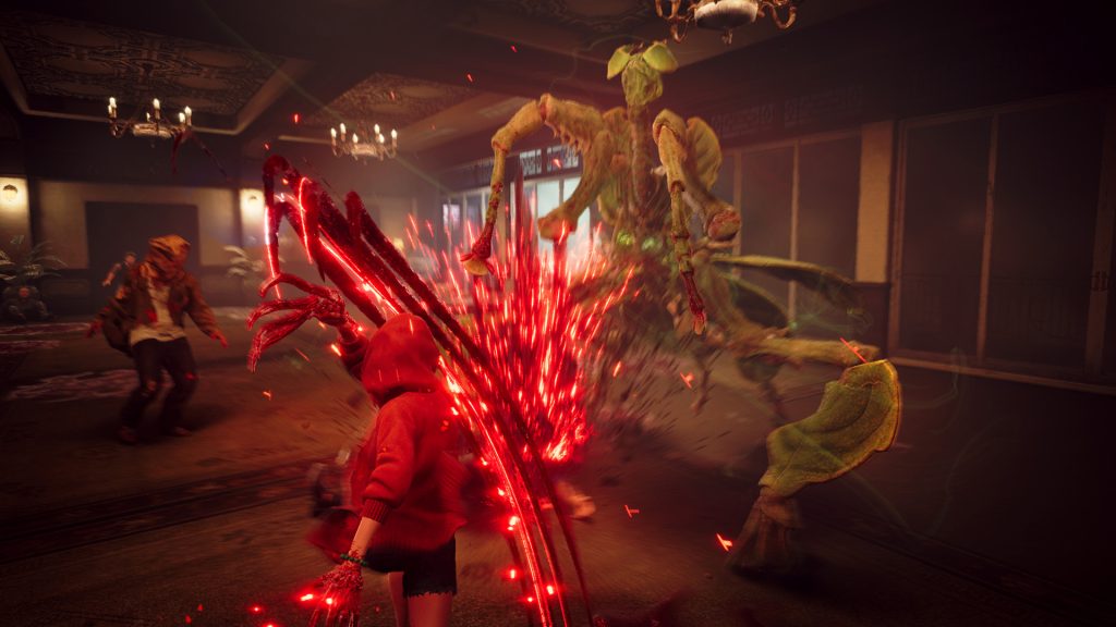 Gameplay scene from the horror game Slitterheads showing a character in a red hood battling a plant-like monster with sharp claws and red energy sparks flying, set in a dimly lit room with chandeliers.