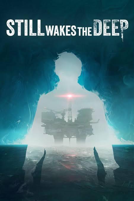 A man’s silhouette is surrounded by a glowing blue mist, merging with an ocean scene featuring an oil rig in the background, from Still Wakes the Deep.