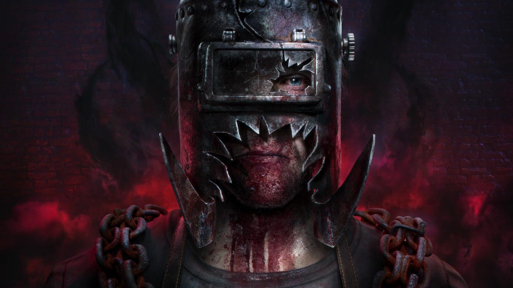 Close-up of a menacing character from The Casting of Frank Stone, wearing a dark, metal helmet with sharp edges and chains wrapped around the shoulders, against a smoky red backdrop.