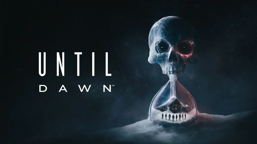 Artwork for the video game Until Dawn showing a ghostly skull with glowing red eyes over an hourglass containing a snow-covered cabin and figures of people, set against a dark, misty background