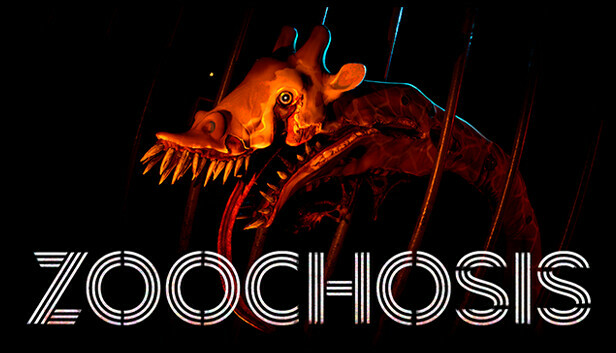 A monstrous giraffe with sharp teeth extends its head from a shadowy cage, with the Zoochosis logo displayed beneath it.