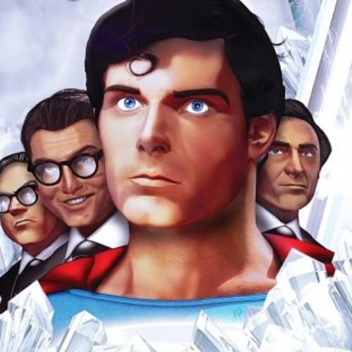 A man with black hair, blue eyes, and a red cape is in the center. To the right and left of him are evil men in black suits. They are surrounded by ice crystals.