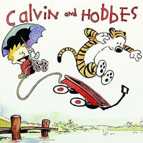 A cartoon blonde-haired boy is holding an umbrella and is tied to a red wagon that's mid-air. A cartoon tiger is above the wagon looking scared.
