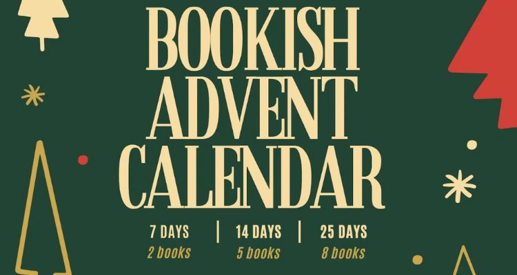 Green background with gold and red Christmas trees and snowflakes, with big, cream-colored text that reads "Bookish Advent Calendar" with smaller text in cream-color that reads number of days and books for calendar