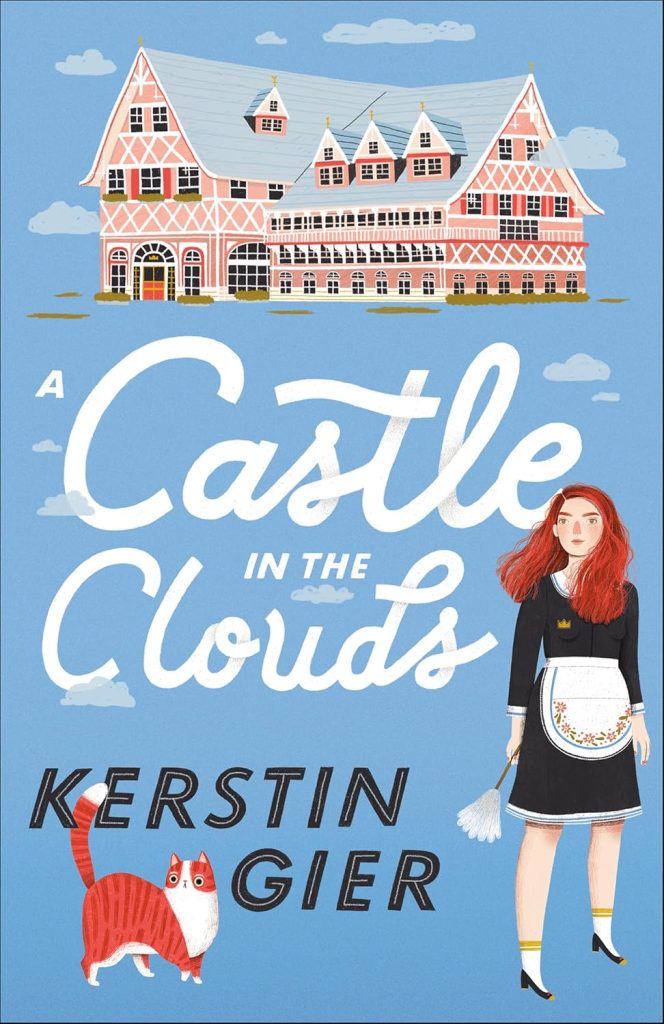 The white, bubbly text reads "A Castle in the Clouds" over a two-dimensional light blue sky. Above the text is a large pink and blue mansion with many windows, to the side of the text is a young white woman with red hair and a duster, and below the text is an orange cat as well as black text that reads "Kerstin Gier."