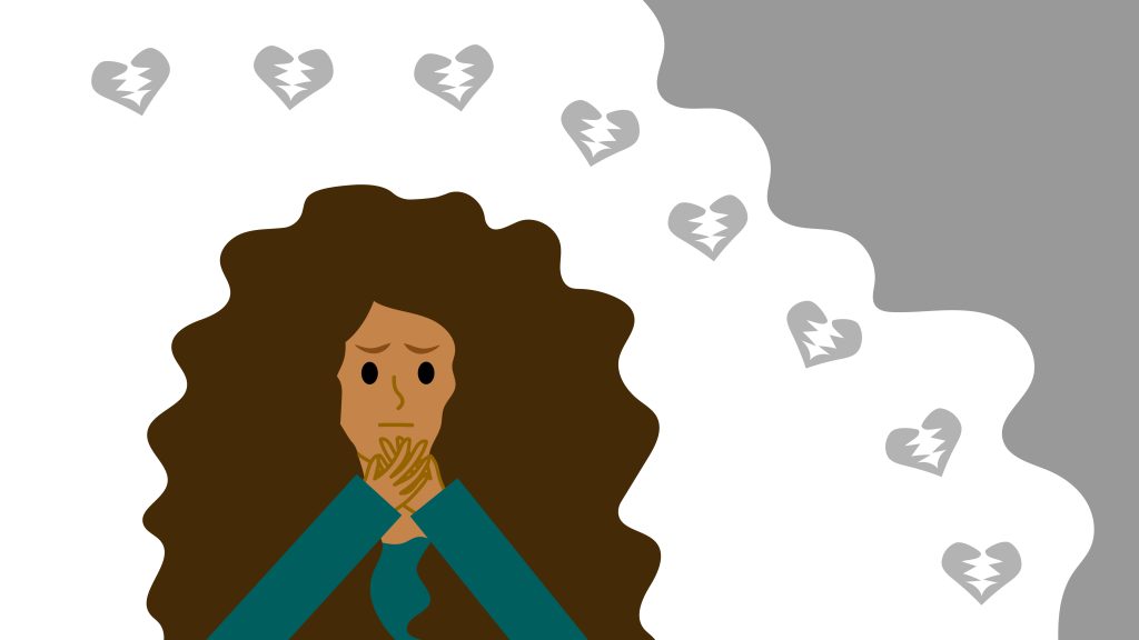 Brown cartoon character emoting grief on a white and gray background with broken hearts.