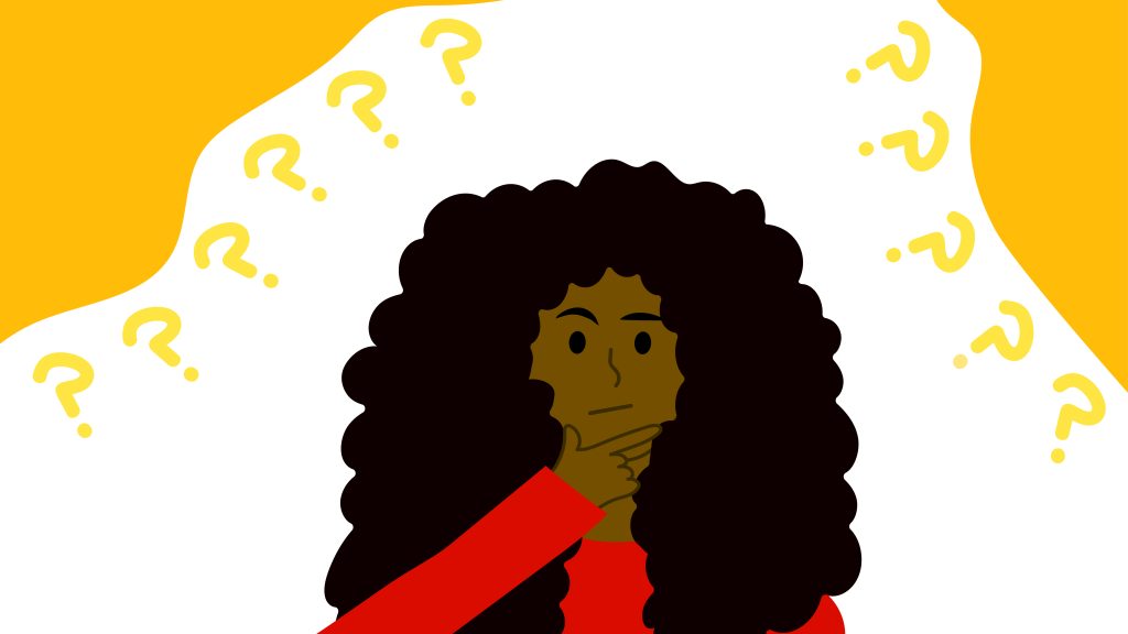 Black cartoon character in red posing in thought on a white and yellow background. Question marks surround them.
