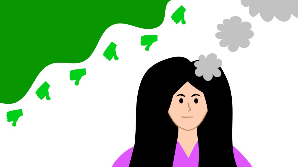 Brunette cartoon character in magenta with thought clouds springing out of her mind. Behind her is a white and green background with multiple thumbs-down emoticons.