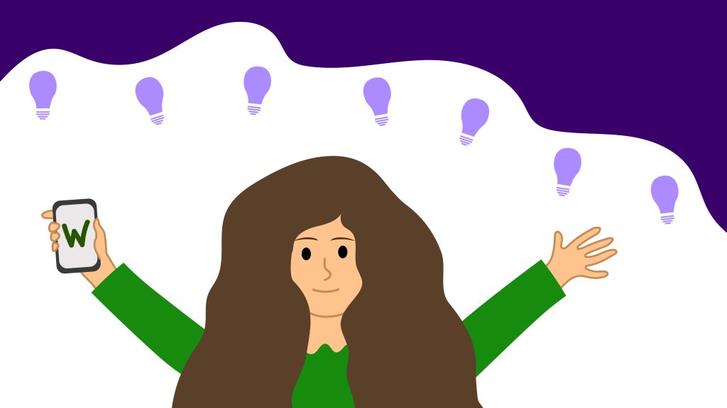Brown-haired cartoon character in a green top holding a phone with a W on its screen. They stand, arms spread out, on a white and purple background with light bulbs.