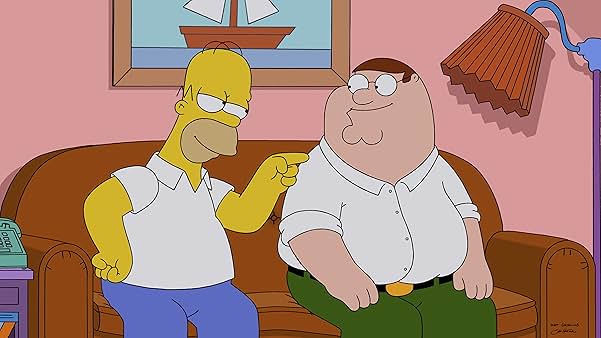 TV still of the cross over episode of The Simpsons and Family Guy, showing Homer and Peter sitting in an iconic living room.