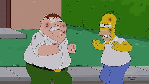 TV still from the crossover episode of The Simpsons and Family Guy, showing Homer and Peter facing off in a brawl.