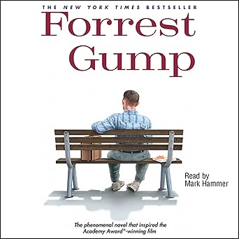 Book cover for The New York Times Bestseller Forrest Gump, showing a young man sitting on a bench as seen from behind him.