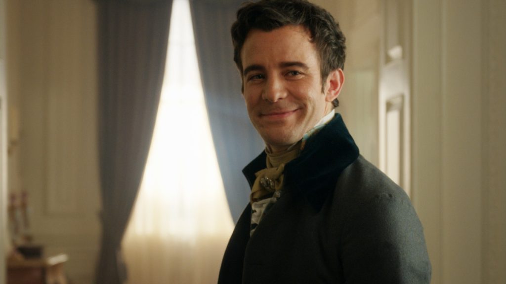 'Bridgerton' still of Benedict Bridgerton smiling at something off screen.