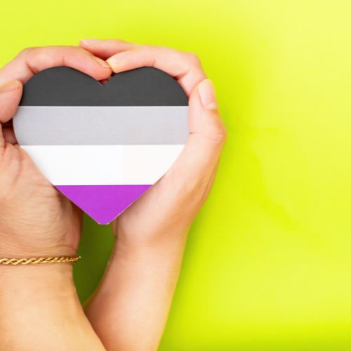 two hands holding a heart in the Asexual colors