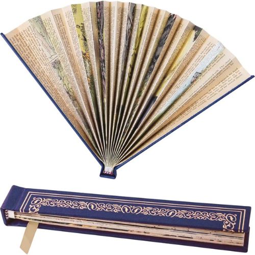 Two identical handheld fans over a white background. The top fan is unfolded, and features a collection of illustrations and book page text. The bottom fan is shut, and is dark blue with golden patterns across it.