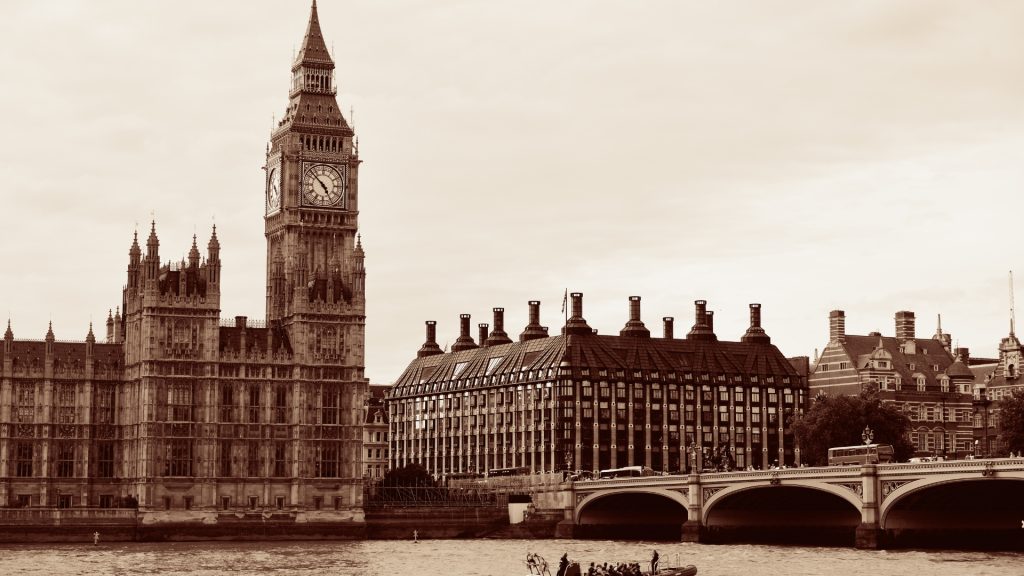 Vintage shot of Big Ben, the Houses of Parliament, part of London Bridge and the Thames.
