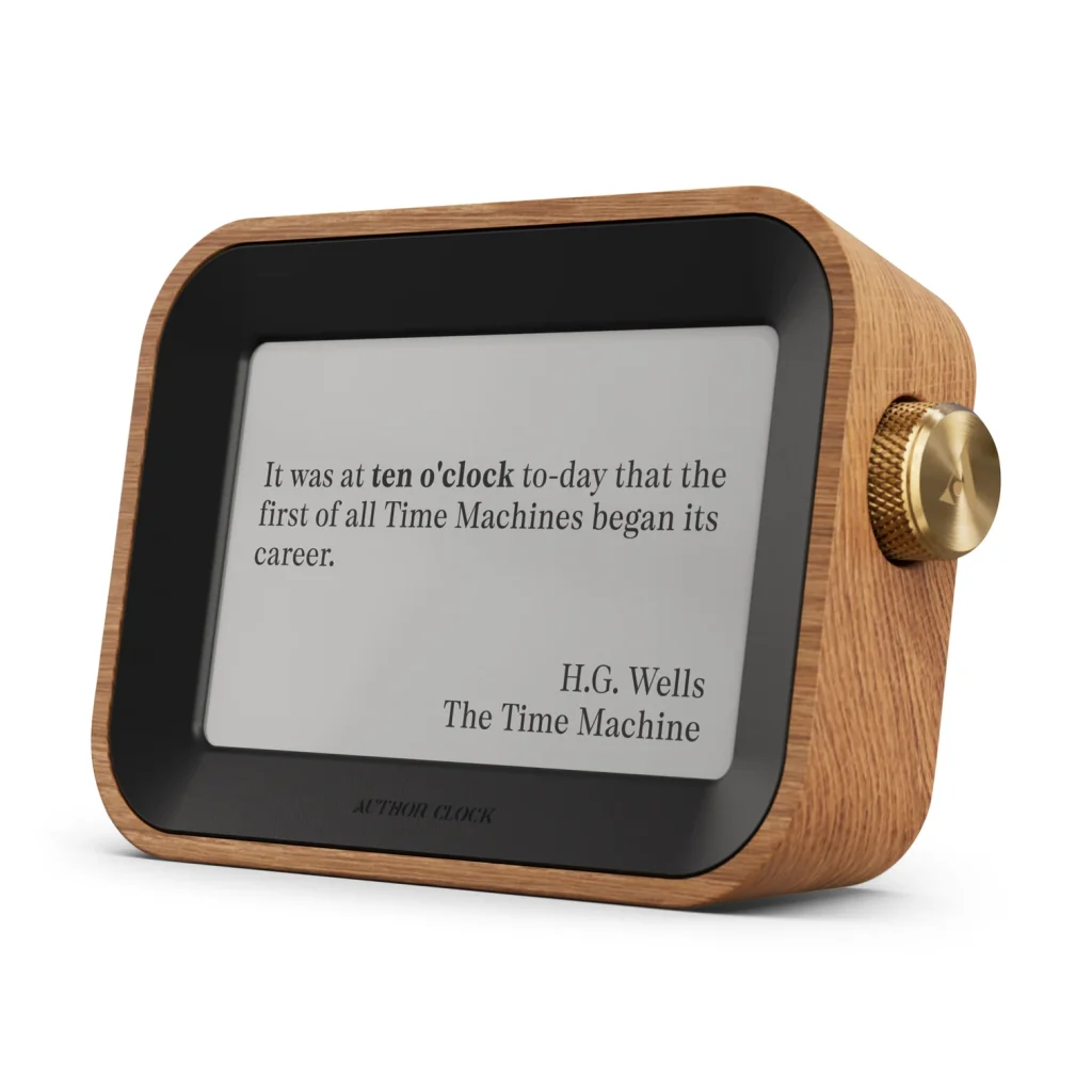 A digital clock bordered by dark wood.