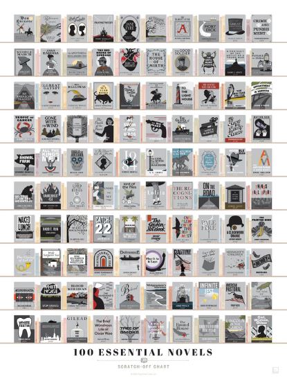 A series of 100 book covers in gray scale.